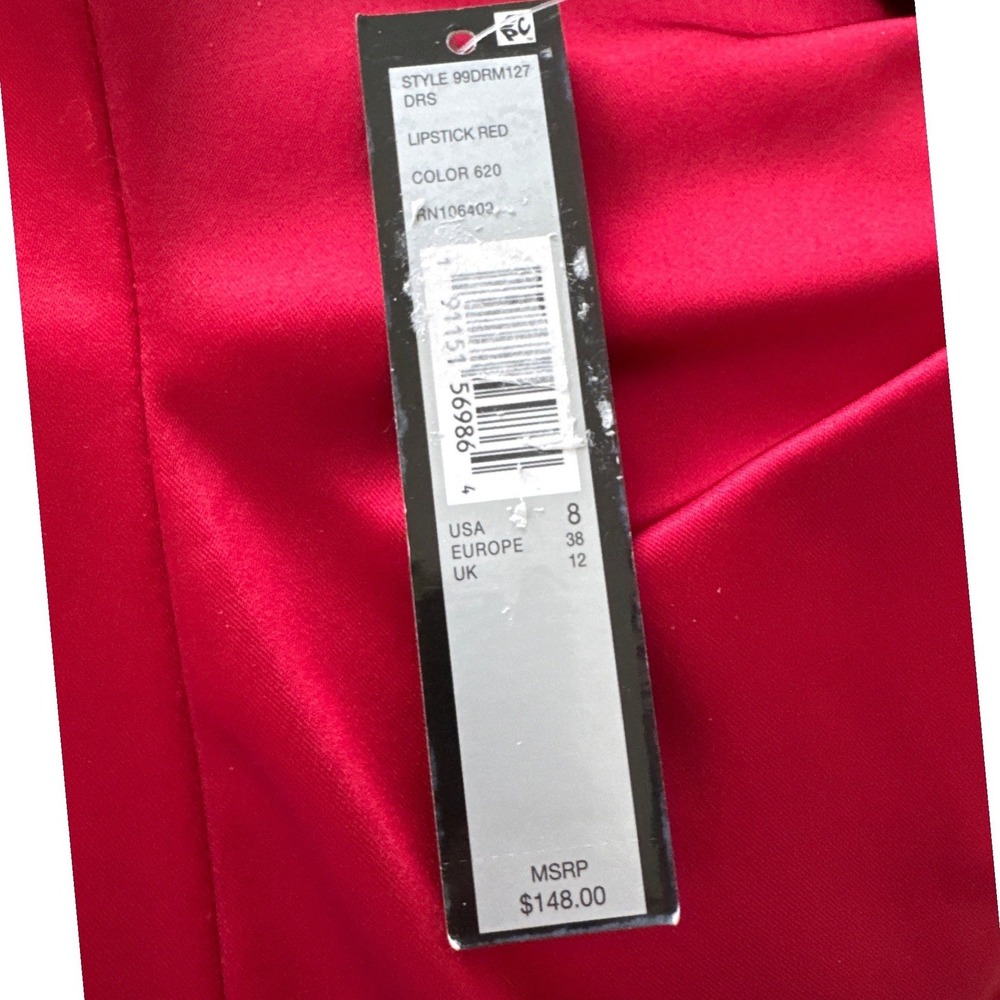 Tahari Arthur Levine Red Satin Drape Neck 3/4 Sleeve Sheath Dress Size 8 - Picture 4 of 5